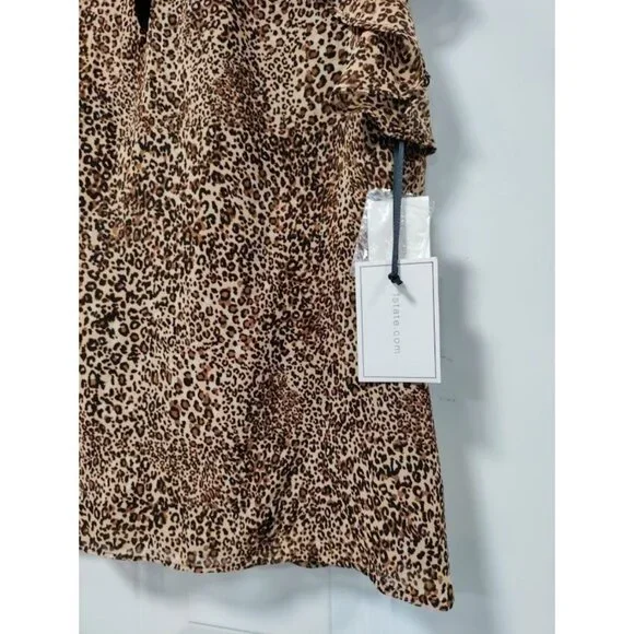 NWT 1State Cheetah Whimsy Blouse Top Short Fairy Sleeve VNeck Choker Style Small - Picture 3 of 14